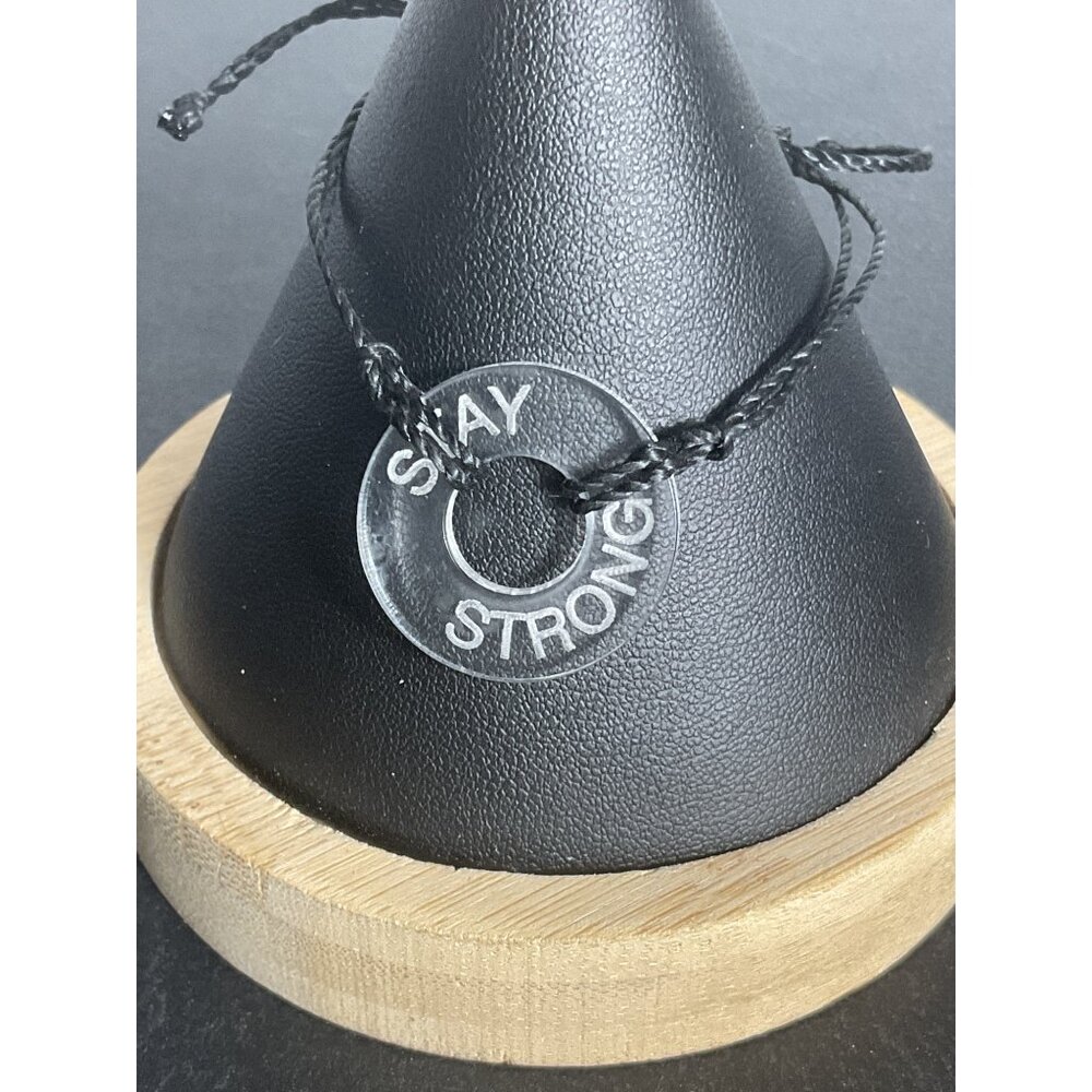 "Stay Strong" Clear Pendant Bracelet Black Cord Adjustable Size